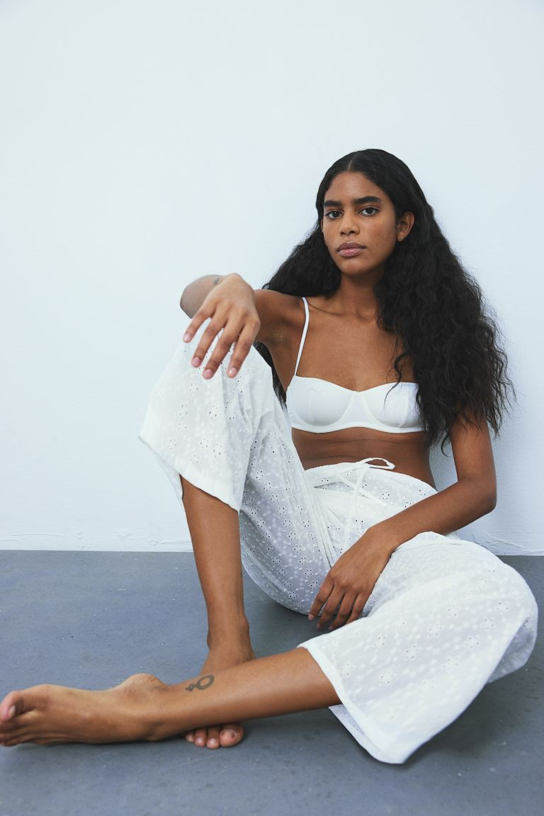 Pants with Eyelet Embroidery - White - Ladies | H&M US | H&M (US + CA)