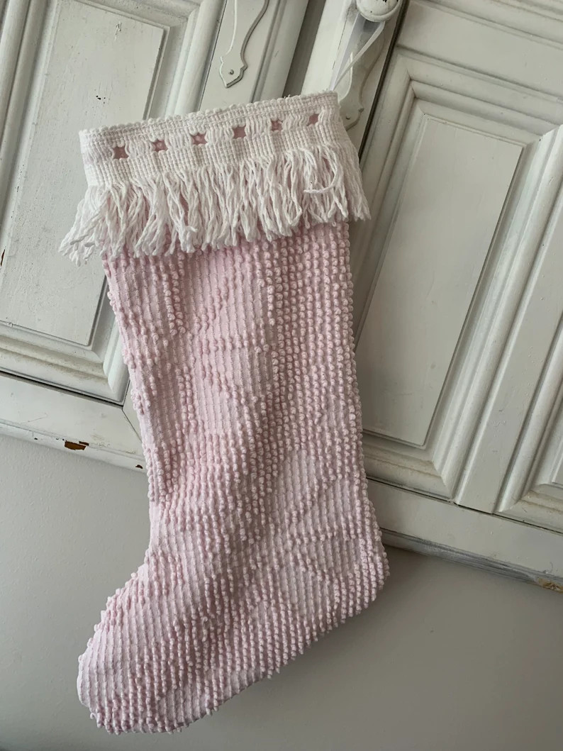 Chenille Christmas stocking, pink  Christmas stocking, farmhouse inspired stocking, farmhouse dec... | Etsy (US)