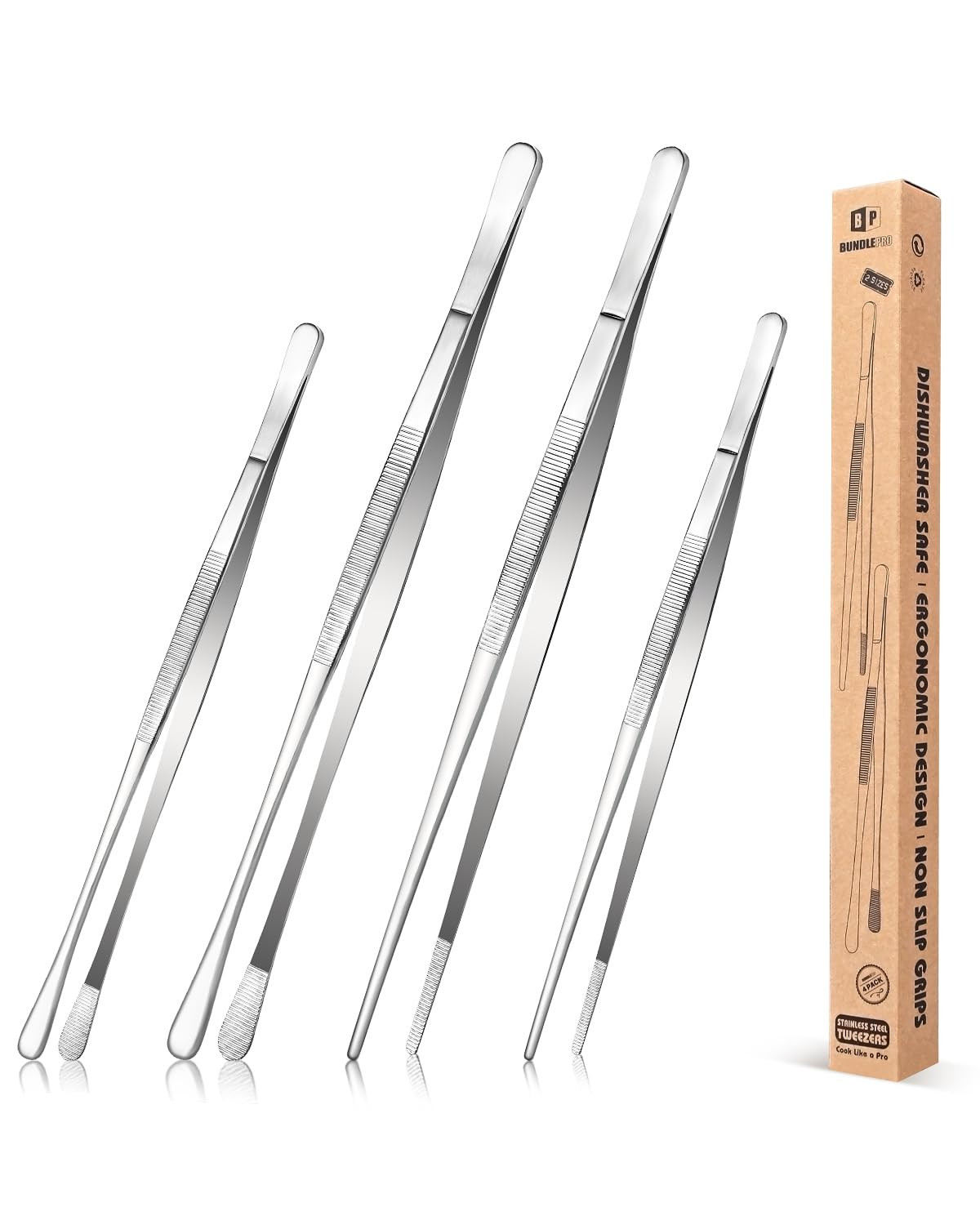 4 Pcs Fine Long Tweezer Tongs Professional Silver, 12'' and 10'' Stainless Steel for Kitchen, Foo... | Amazon (US)