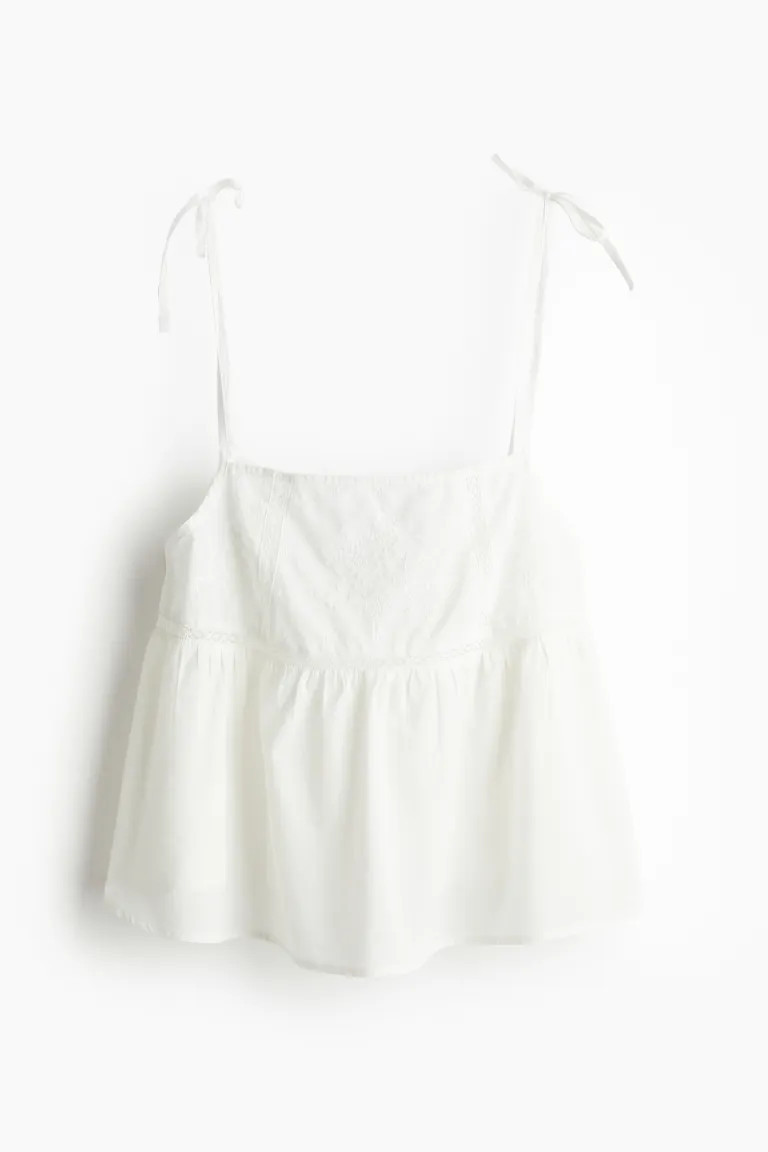 Embroidered tie-strap top - Cream - Ladies | H&M GB | H&M (UK, MY, IN, SG, PH, TW, HK)