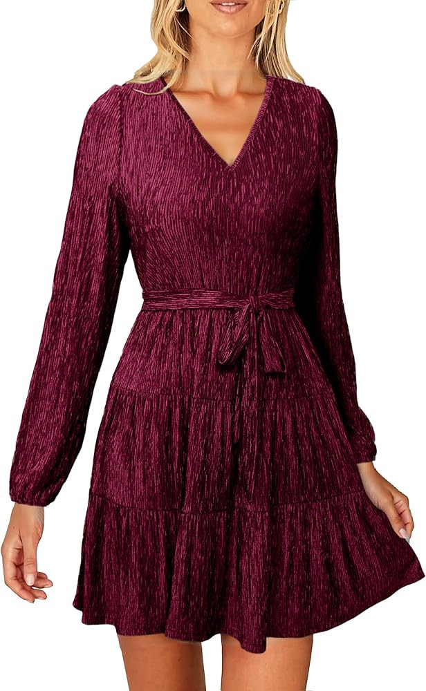 Simplee Womens Velvet Long Sleeve V Neck Fall Dress Tiered Flowy Mini Cocktail Dress Winter Casua... | Amazon (US)