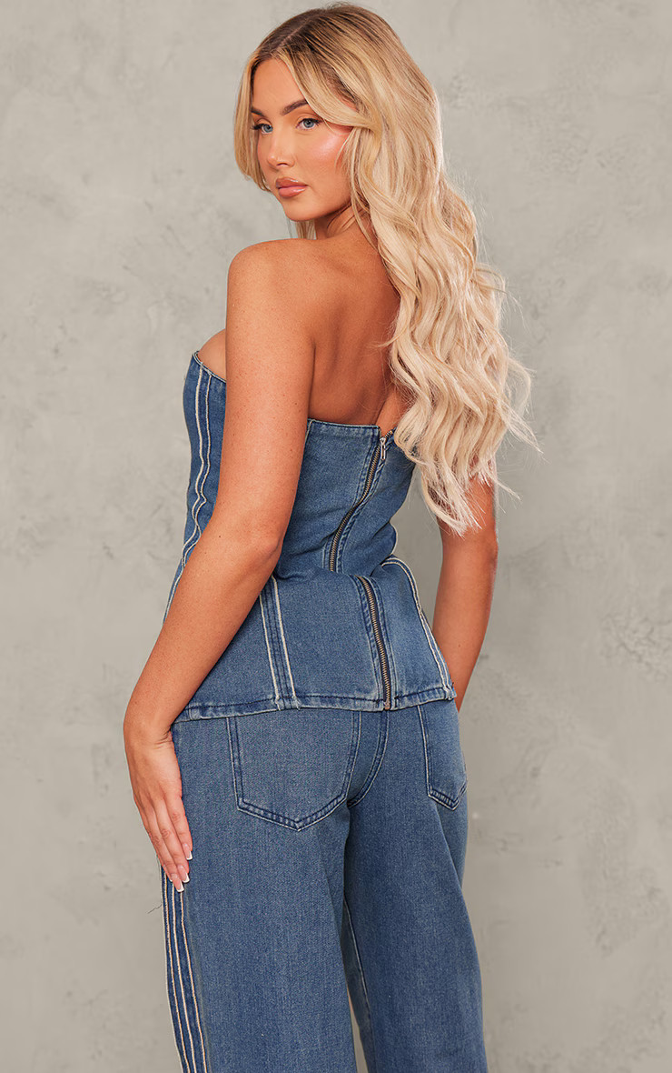 Indigo Raw Stripe Detail Lace Up Corset Top | PrettyLittleThing US