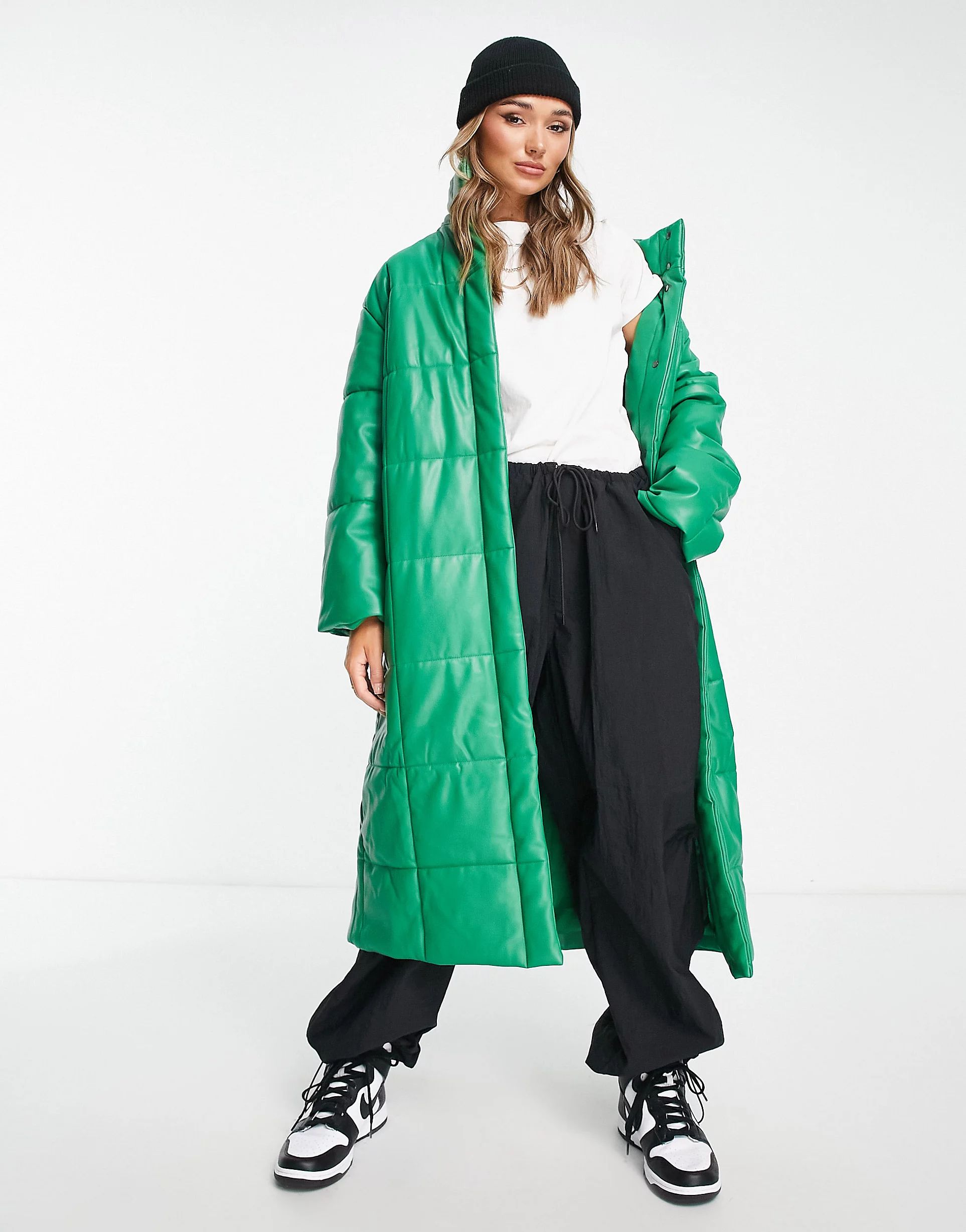 ASOS DESIGN faux leather square quilt longline coat in green | ASOS (Global)