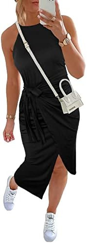 NOLLSOM Women Casual Sleeveless Striped Tank Midi Dresses Halter Neck Ruched Bodycon Dresses Tie ... | Amazon (US)