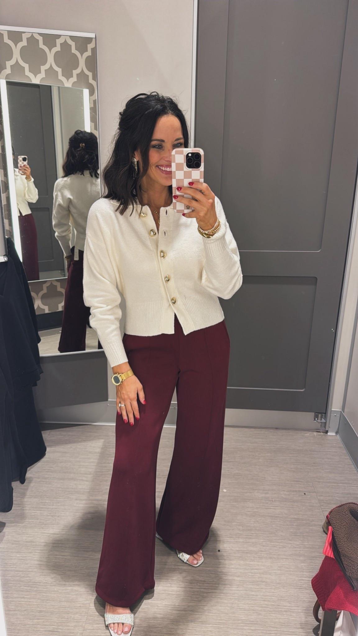 Holiday party outfit inspo! I love the gold buttons on this cream cardigan and how well it pairs with these burgundy pants! The perfect classic outfit for your work holiday party or a girls night gift exchange! Christmas party outfits, holiday outfits, work pants, chic sweater, VintagePickin 

#LTKSeasonal #LTKootd #LTKHoliday