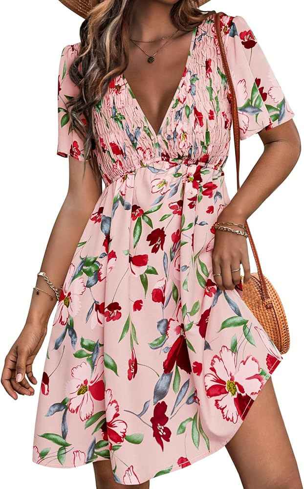 Simplee Womens Summer Casual Boho Dress V Neck Short Sleeve Party Mini Sundress A Line Cocktail W... | Amazon (US)