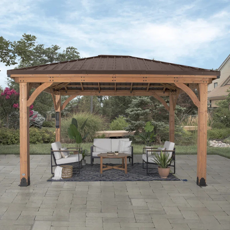 Backyard Discovery Barrington 14' x 10' Cedar Wood Outdoor Patio Gazebo with Hardtop Galvanized S... | Wayfair North America