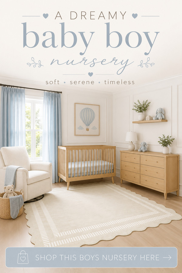 Create a beautiful baby boy nursery with soft blue accents, natural wood furniture, cozy textures, and timeless decor