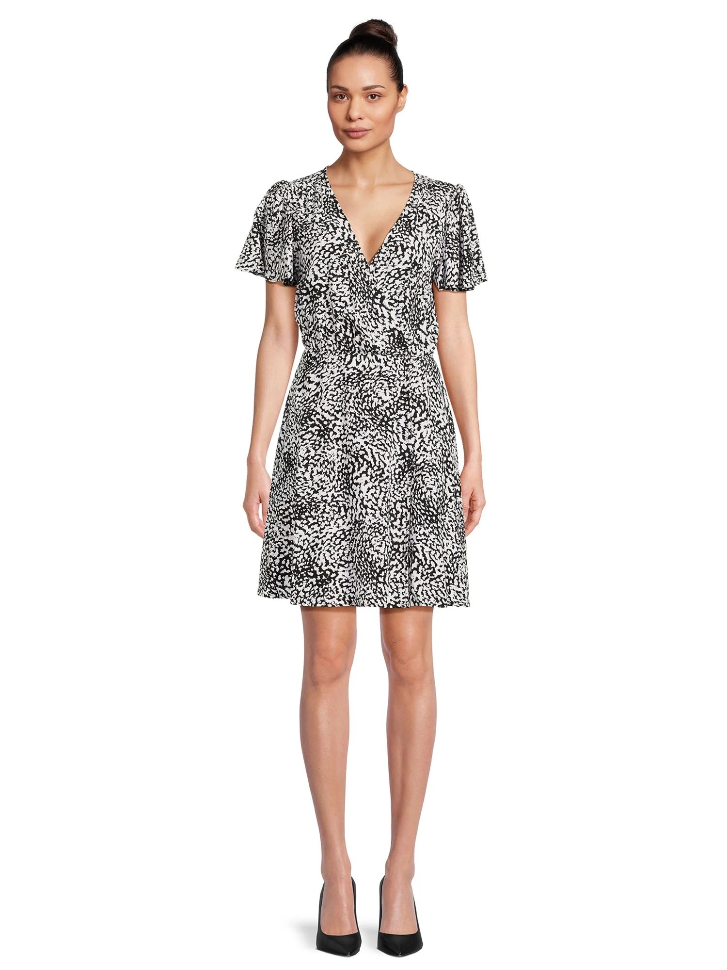Time and Tru Women's Flutter Sleeve Faux Wrap Dress, Sizes XS-XXXL | Walmart (US)