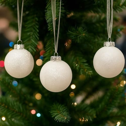 SLEETLY 30pc White Christmas Ball Tree Ornaments Holiday Xmas Decorations - Shatterproof Plastic 2.36 inch Glitter Snow Balls with White Ribbon Hangers and Snowflakes Set | Amazon (US)