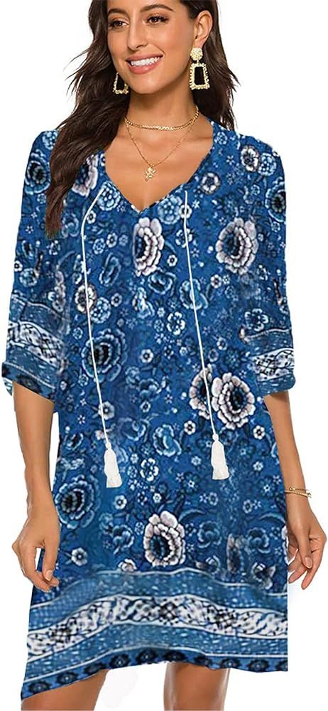 Halife Women's Vintage Ethnic Style Printed Tassel Tie Neck Loose Fit Bohemian Tunic Dress | Amazon (US)