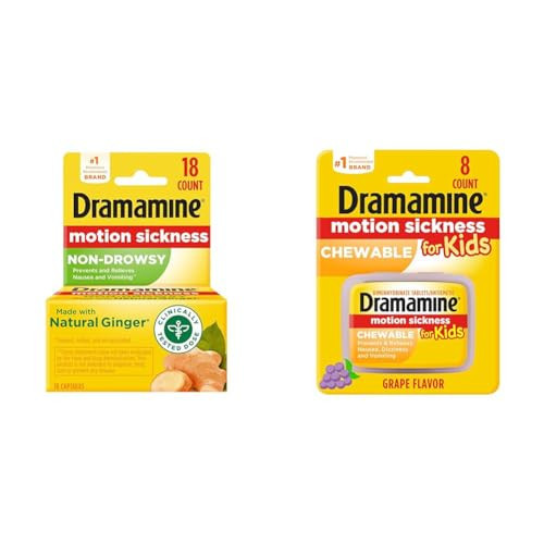 Dramamine Non-Drowsy, Motion Sickness Relief, Made with Natural Ginger, 18 Count & Kids Chewable, Motion Sickness Relief, Grape Flavor, 8 Count | Amazon (US)