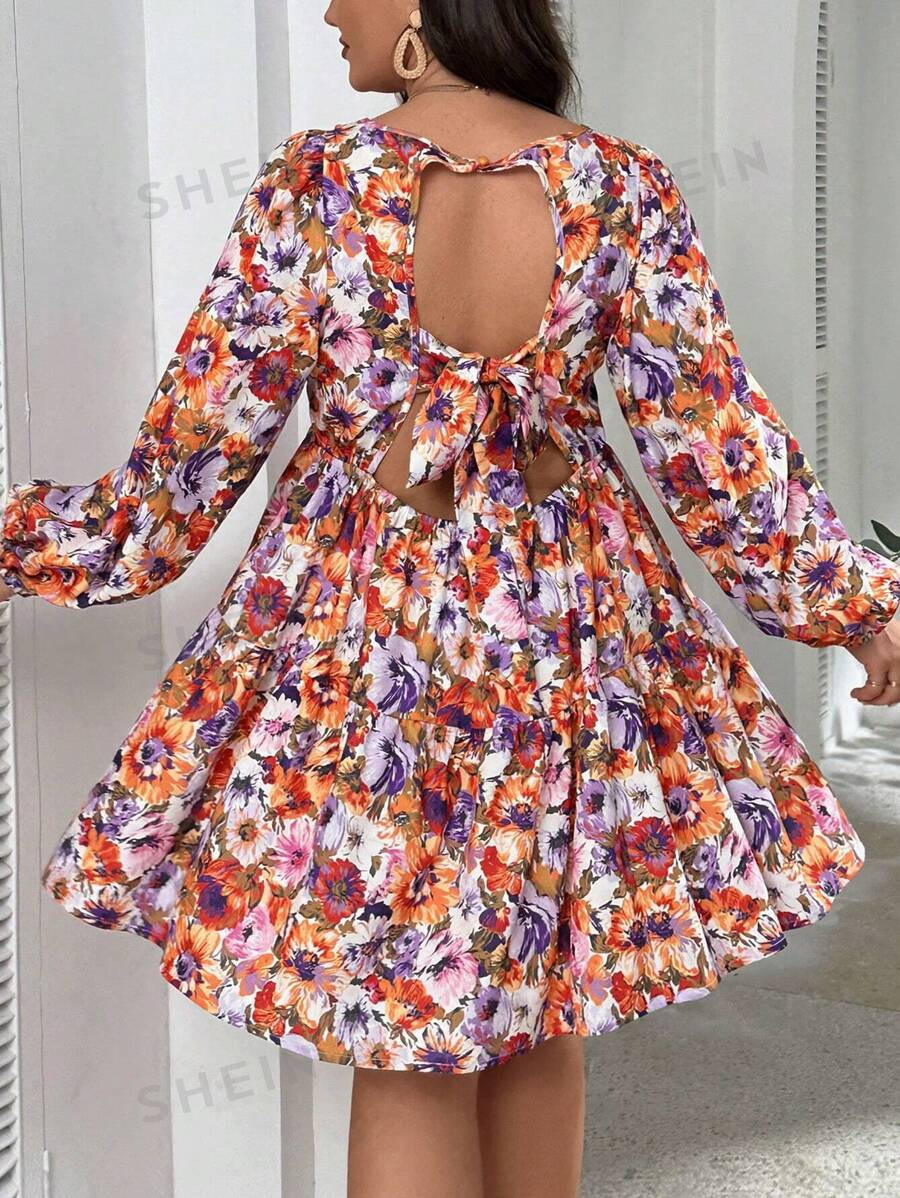 SHEIN VCAY Plus Size Vacation Style Full Print Flower Backless Tie Knot Lantern Sleeve Maxi Dress... | SHEIN