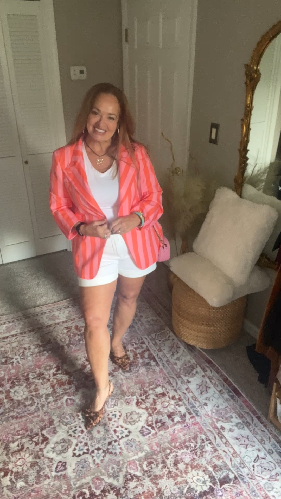 Coral and pink striped blazer.What a  fun unexpected print. I love the fold over collar detailing . It will gorgeous with Denim, Navy or Ivory for Fall!

Leopard print sling back pointed toe flats with a bow on a faux velvet fabric that add a wonderful texture to your outfit. 
Bonus: they are comfortable!

#LTKTravel #LTKWorkwear #LTKMidsize