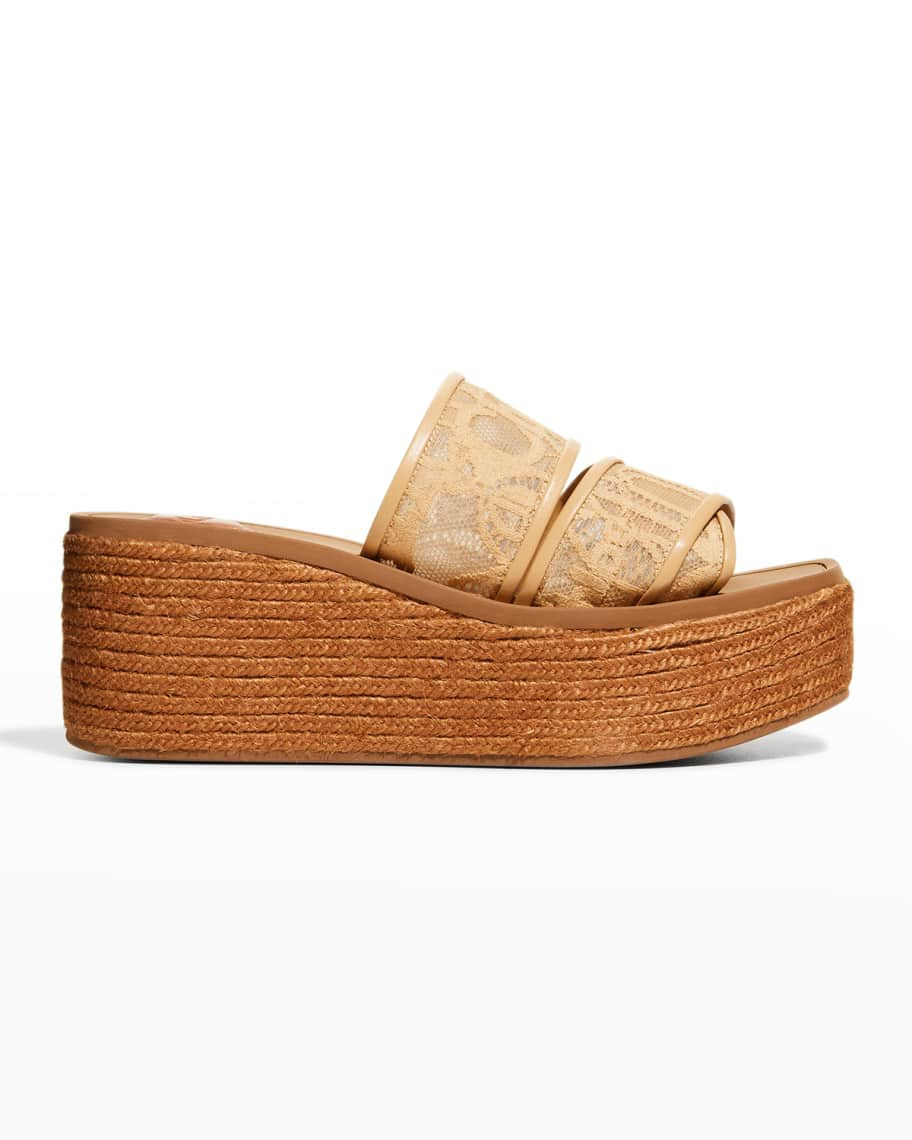 Chloe Woody Lace Logo Wedge Espadrilles | Neiman Marcus