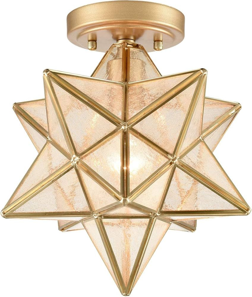 12-Inch Moravian Star Ceiling Light Brass Boho Moroccan Lamp with Seeded Glass Shade | Amazon (US)
