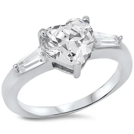 Sterling Silver Baguette Clear Cubic Zirconia Heart Ring Size 9 | Walmart (US)