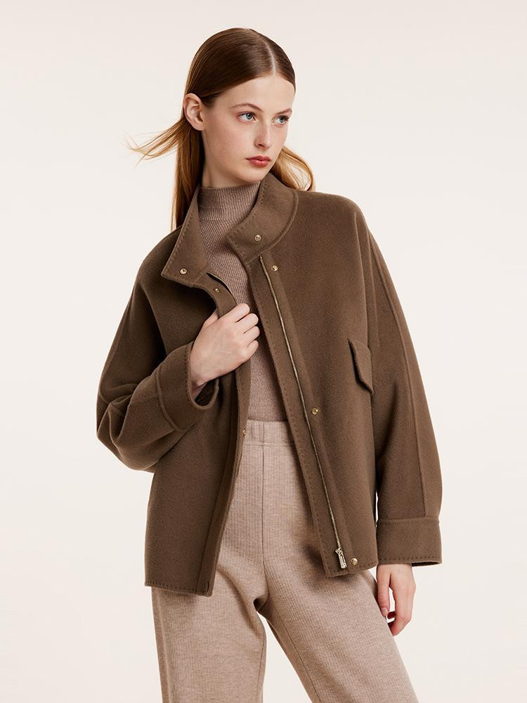 Brown Tencel Wool Mid-Length Jacket | GOELIA