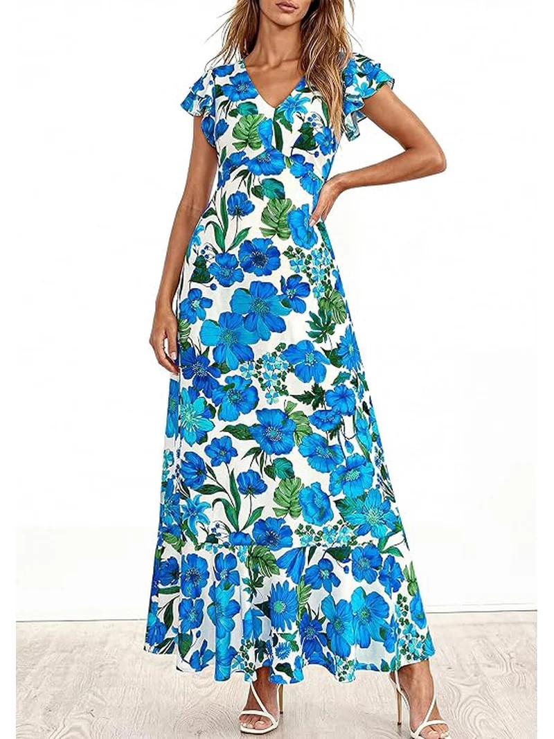 PRETTYGARDEN Womens Summer Floral Maxi Dresses Spring Short Sleeve Ruffle V Neck Flowy Boho Long ... | Walmart (US)
