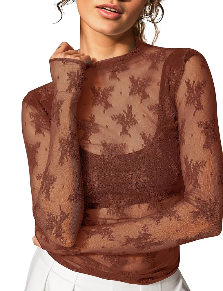 KTILG Womens Mesh Long Sleeve Top Sheer Blouse Sexy See Through Tee Shirt Lace Tops S-XXL | Amazon (US)