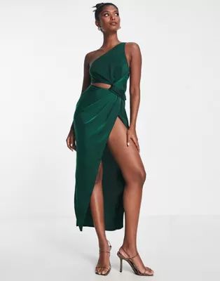 ASOS DESIGN knot detail midaxi dress with cut out detail in green | ASOS (Global)