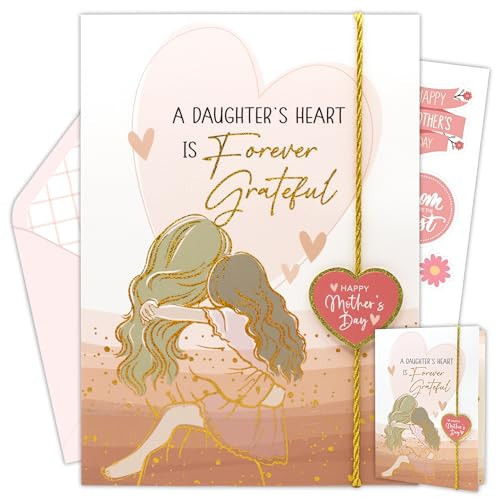 Decorably Gold Glitter Foil 5x7in Handmade Individual Mothers Day Card from Daughter with String and Die-Cut Heart Charm, Matching Envelope and Stickers for Mom, Textured with Printed Message Inside | Amazon (US)
