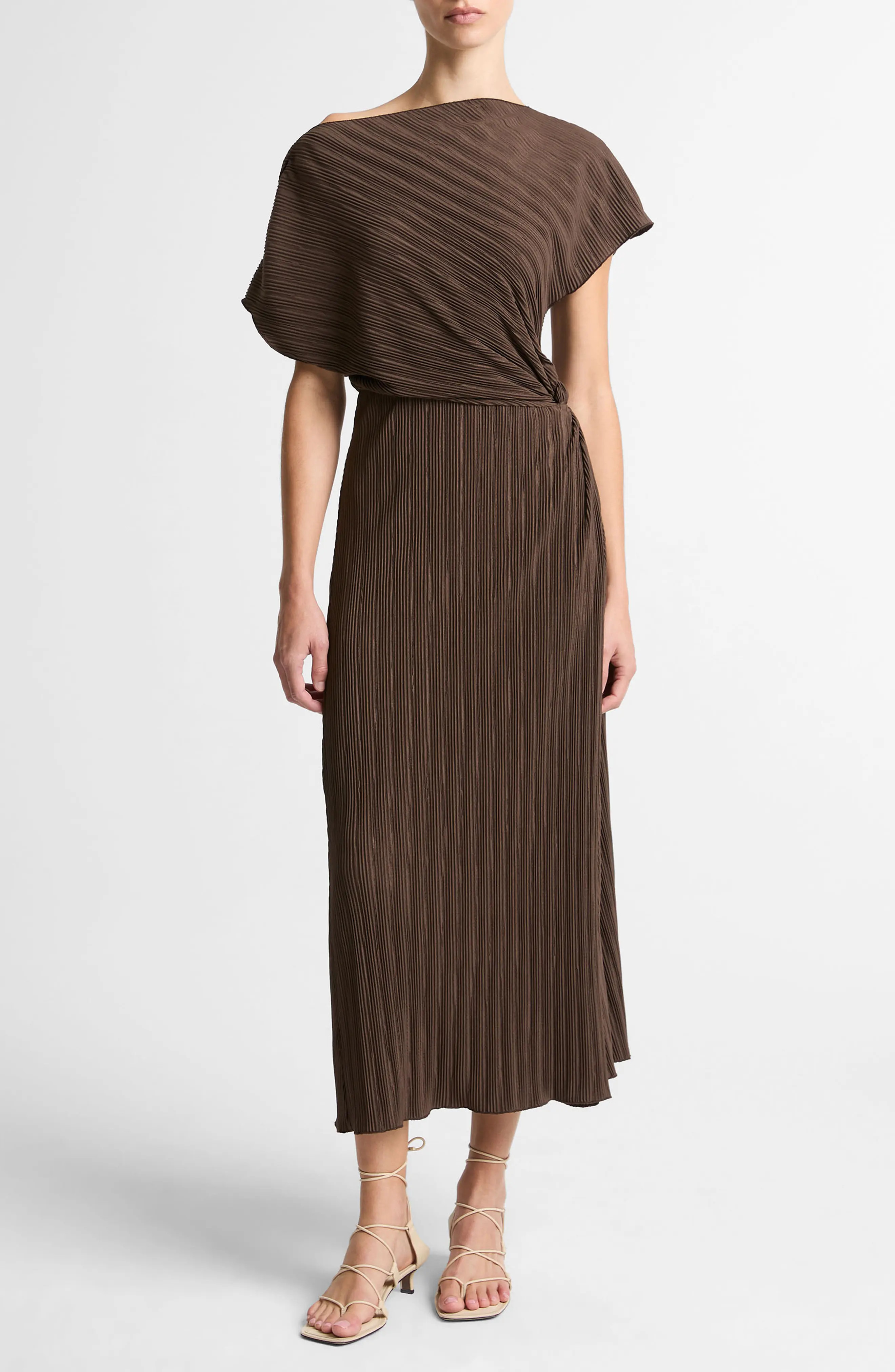Vince Diagonal Pleated Twist Waist Midi Dress in Clove at Nordstrom, Size X-Small | Nordstrom