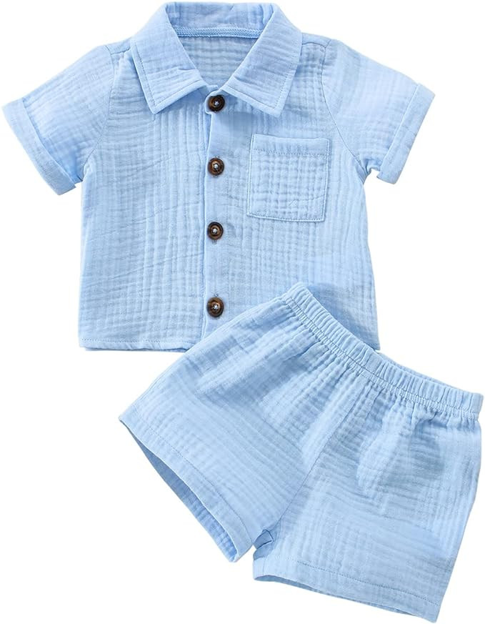 Baby Boys Clothes Set Toddler Infant Boys Button-down Shirt Tops + Cotton Gauze Shorts Summer Out... | Amazon (US)