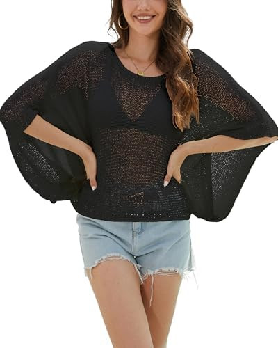 Bsubseach Crochet Swimsuit Coverup for Women Batwing Sleeve Bathing Suit Swimwear Mesh Knit Tops ... | Amazon (US)