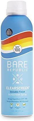 Bare Republic Clearscreen Sunscreen & Sunblock Spray with Vitamin E, 6 Fl Oz (SPF 100) | Amazon (US)