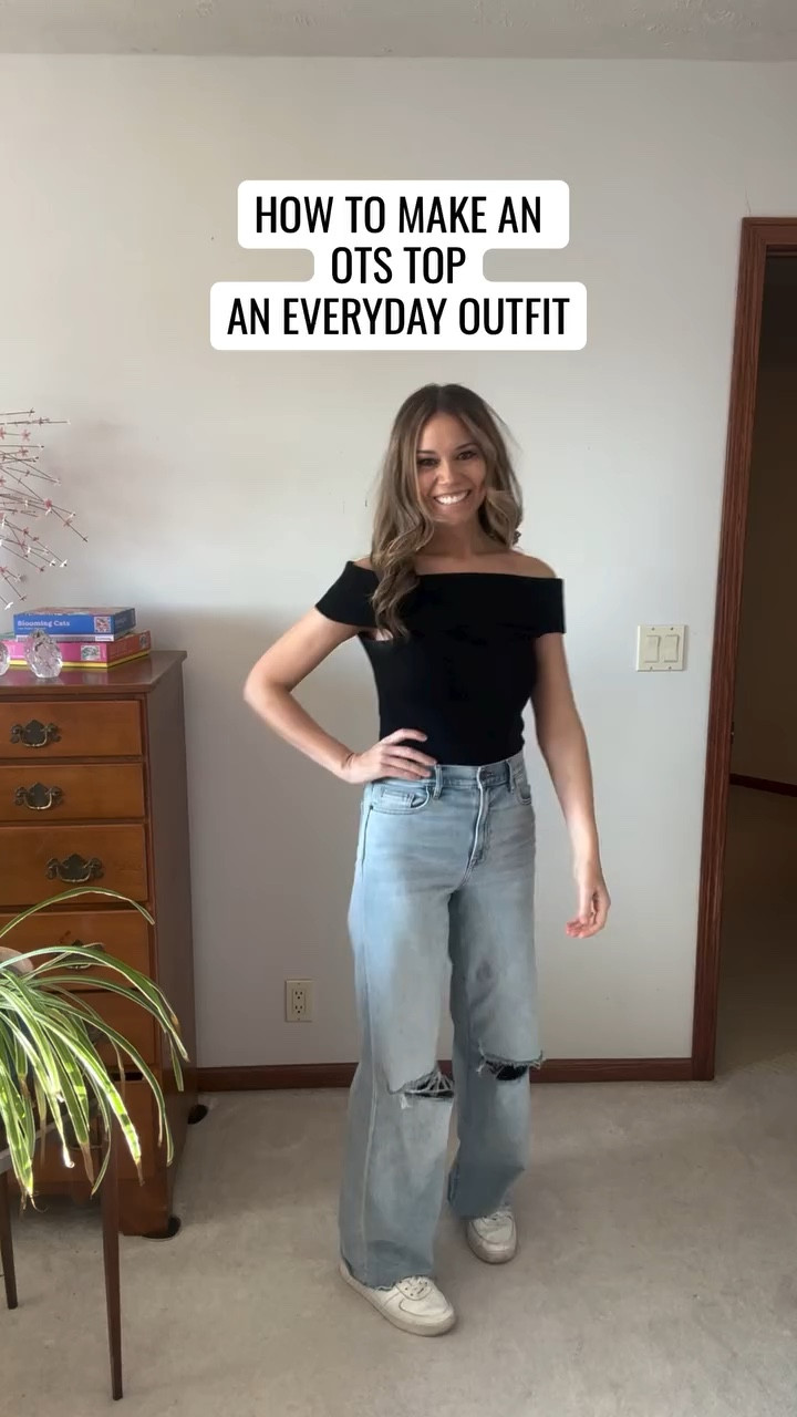 An off-shoulder top doesn’t have to be a “going out” outfit! Pair it with light-wash, relaxed denim and you’re set for the day. Save this for your next “what should I wear?” moment, & follow me for more outfit formulas 🩷 #ootd #millenialmom #outfitformula