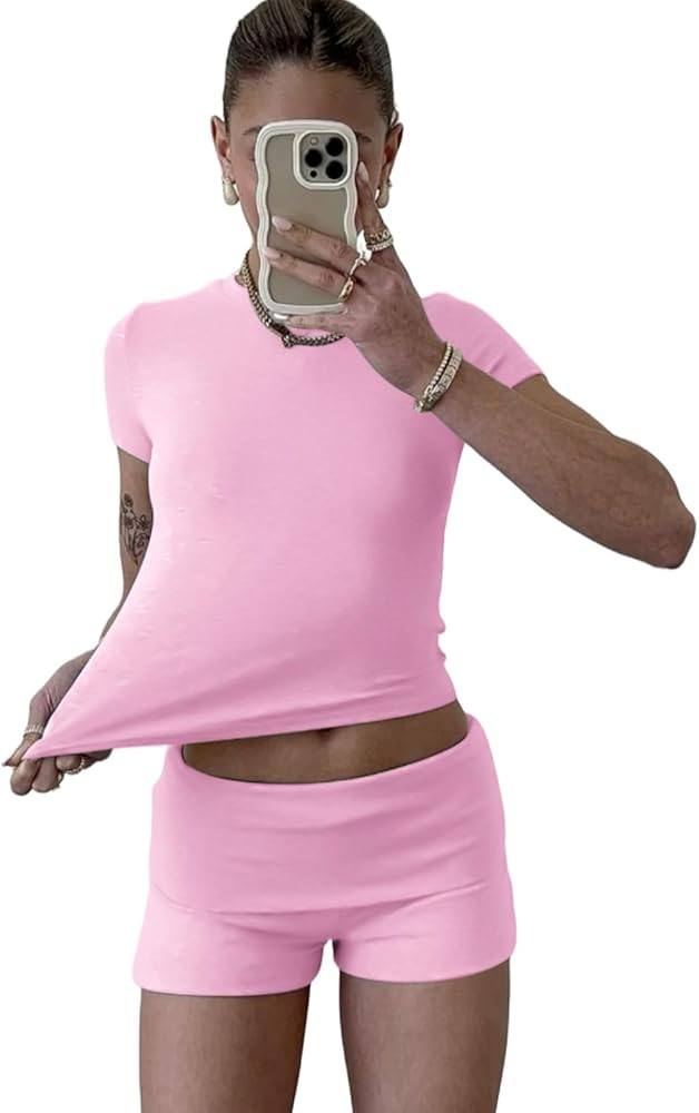 Casual Workout Two Piece Outfits for Women Short Sleeve Crop High Waist Foldover Flare Pants Trac... | Amazon (US)