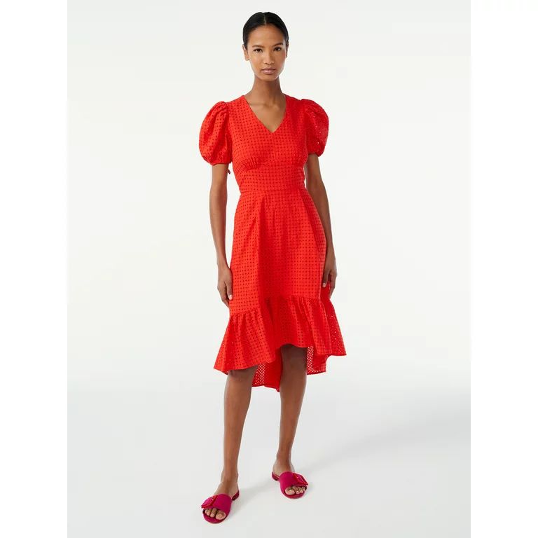 Scoop Women's High Low Eyelet Midi Dress with Puff Sleeves - Walmart.com | Walmart (US)