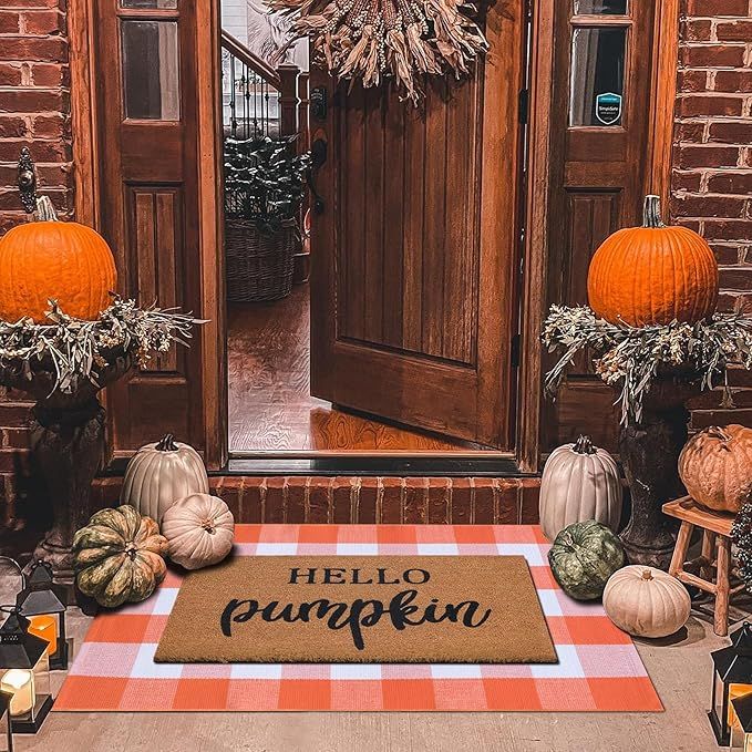 Fall Decor Door Mat Combo Set, 100% Coco Coir Welcome Mat + 28 x 43 Inches Orange and White Plaid... | Amazon (US)