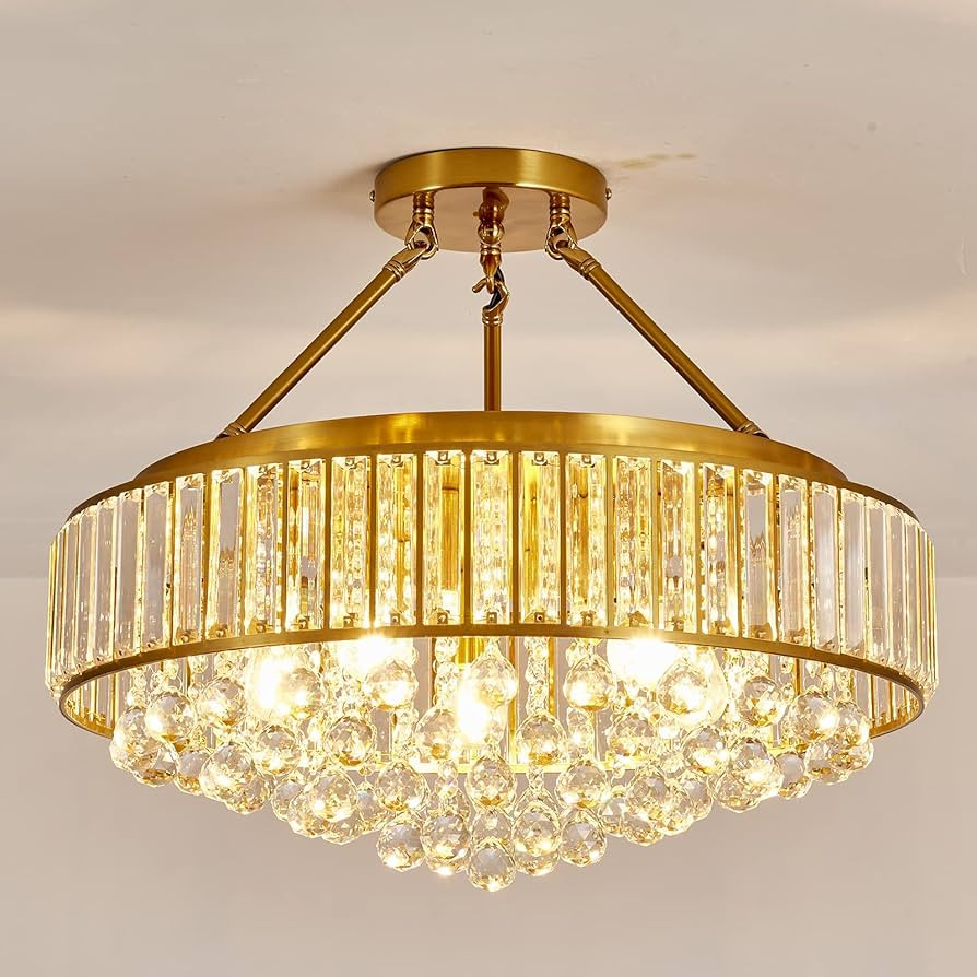 YYJLX 6-Light Modern Large Crystal Chandelier Gold Metal E26 Semi Flush Mount Round Ceiling Light... | Amazon (US)