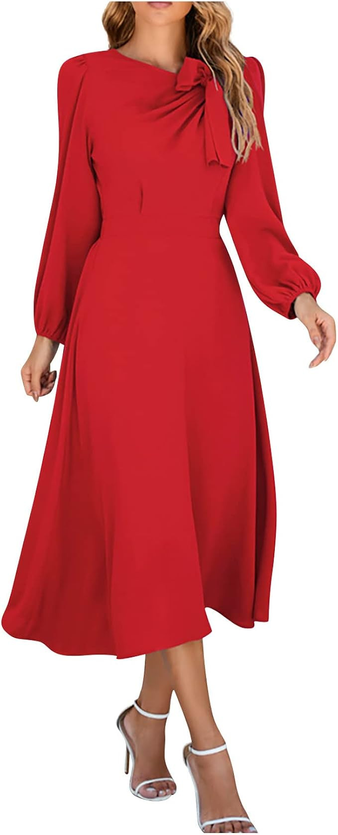 Women's Fall Dresses Solid Color Round Neck A-Line Long Sleeve Midi Dress Maxi | Amazon (US)