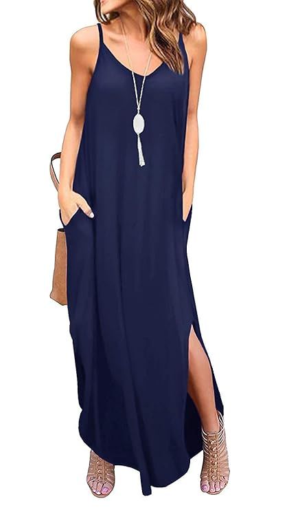 DUOSTICK Womens Maxi Dresses Beach Cover Up Loose Casual Straps Split Long Dress with Pockets | Amazon (US)