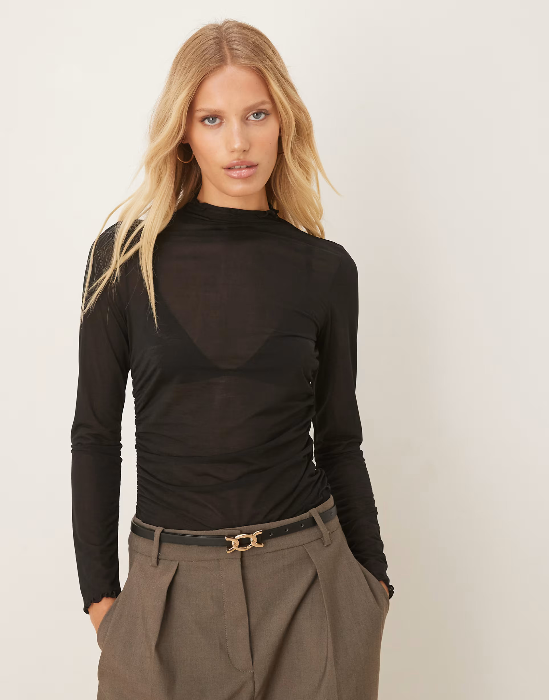 ASOS DESIGN high neck mesh semi sheer long sleeve top in black | ASOS (Global)