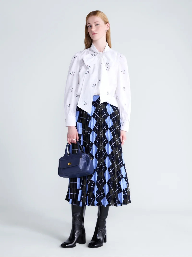 Free Assembly Women's Tie Neck Print Cotton Shirt with Long Puff Sleeves, Sizes XS-XXL | Walmart (US)