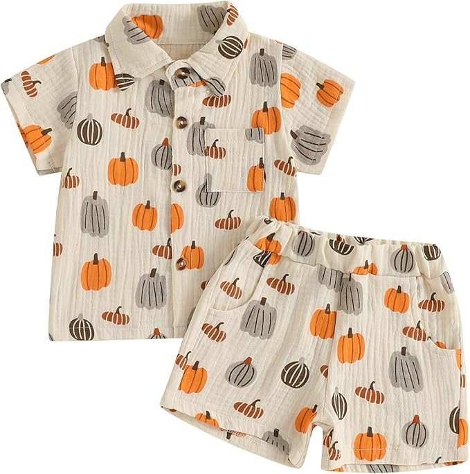 Toddler Baby Boy Halloween Outfit Pumpkin Print Button Down Short Sleeve Muslin Shirt Top and Sho... | Amazon (US)
