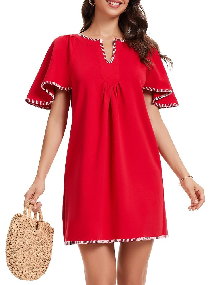 HOULENGS Women's Summer Flutter Short Sleeve A Line Mini Dress Casual Contrast Trim V Neck Short ... | Amazon (US)