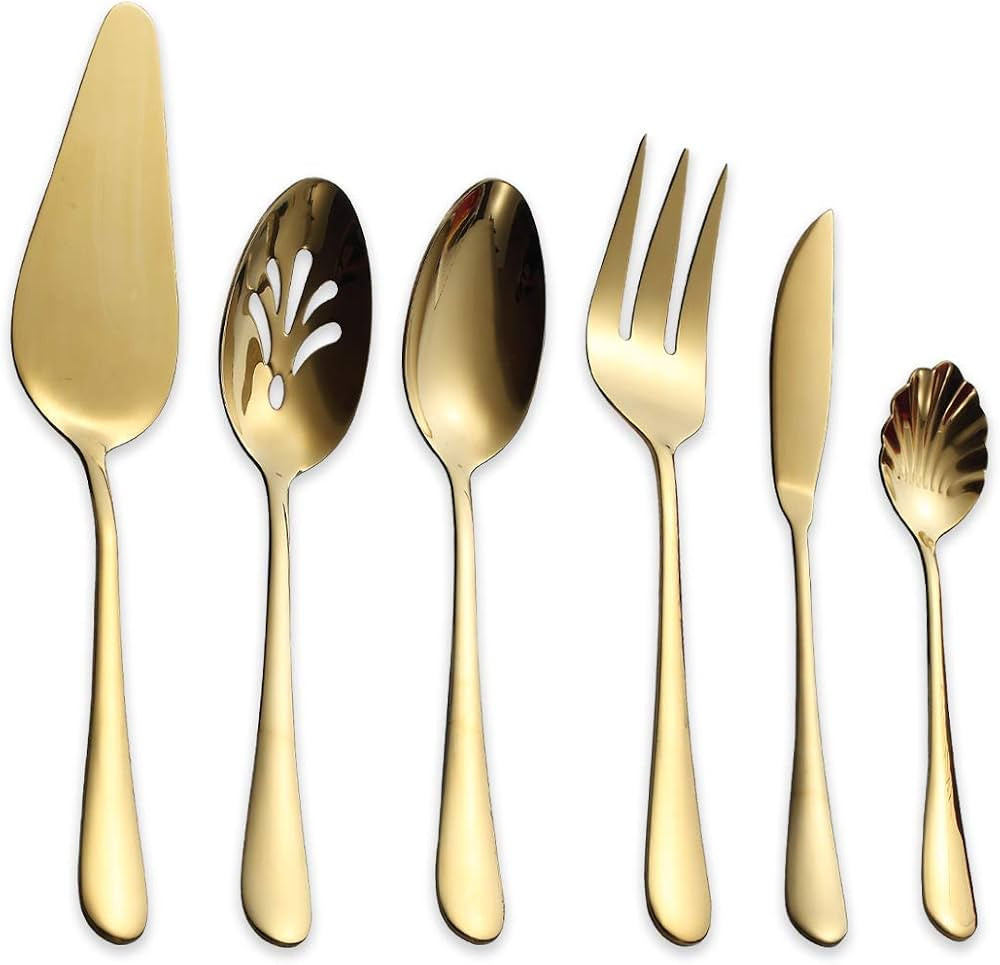 Berglander Stainless Steel Golden Titanium Plated Flatware Serving Set 6 Pieces, 5 Serving Pieces... | Amazon (US)