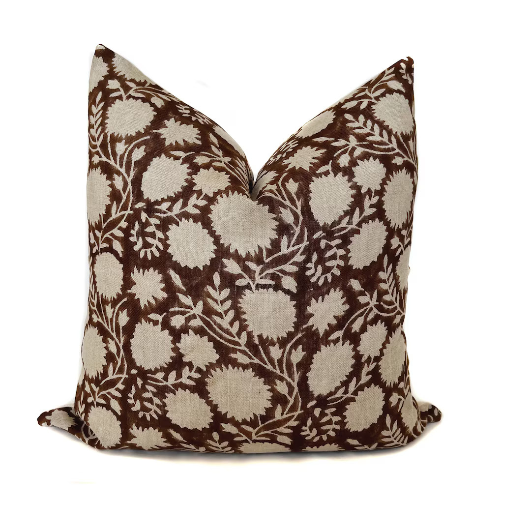 Floral Pillow Cover Cotton Linen Blend Beige Rust Block Print Rustic Shabby Chic Botanical Sofa T... | Etsy (US)