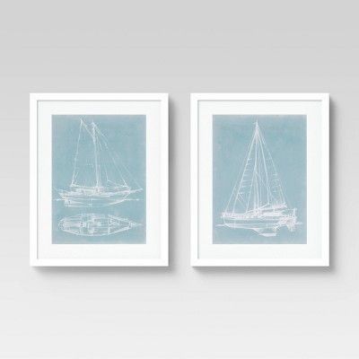 (Set of 2) Sailboat Blueprint 16&#34; x 20&#34; Wall Art - Threshold&#8482; | Target