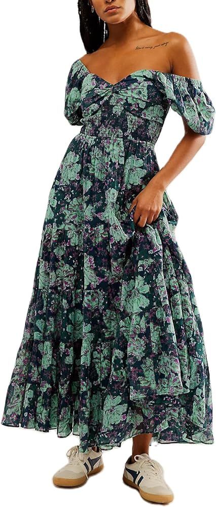 Women Spring Dresses Flowy Smocked Maxi Dress Puff Sleeve Sweetheart Y2K Floral Boho Summer Sundr... | Amazon (US)