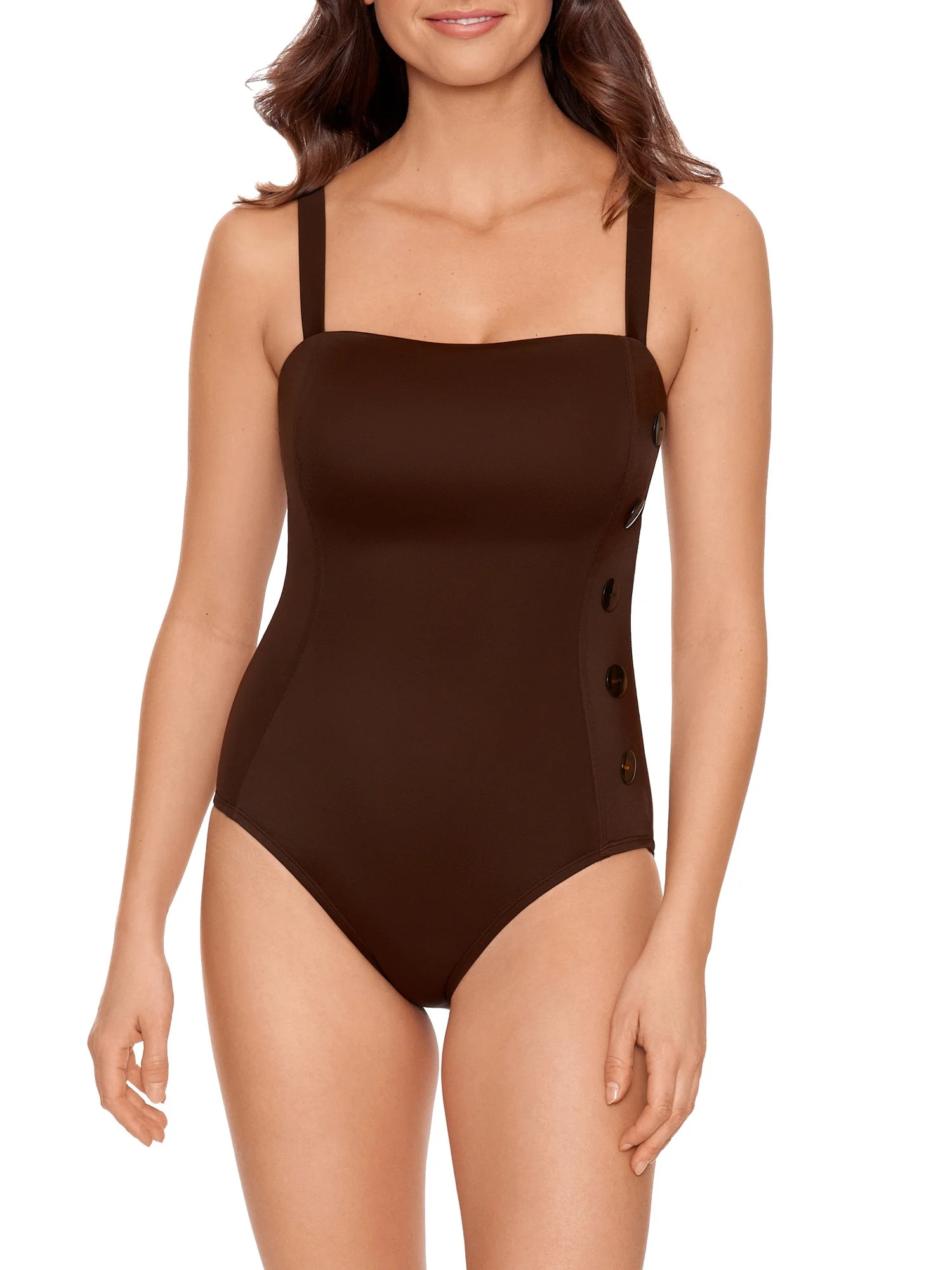 Time and Tru Women’s and Women's Plus Warm Chocolate Side Button One Piece Swimsuit - Walmart.c... | Walmart (US)