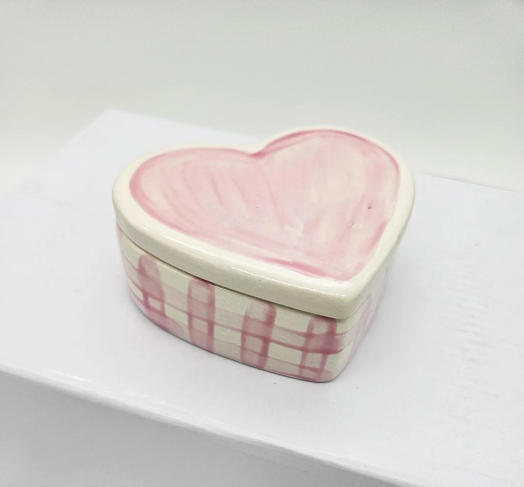 Ceramic Heart Box Pink Gingham - Hand Painted, Personalized Keepsake Jewelry Trinket Box | Etsy (US)