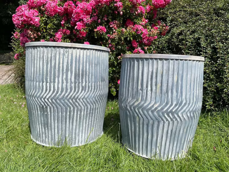 Galvanised chevron dolly tub set 2 |metal steel garden flower pot trough planter | Etsy (US)