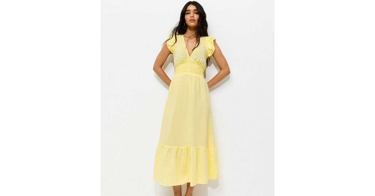 Light Yellow Ruffled Cap Sleeve Midi Dress | New Look | New Look (UK)