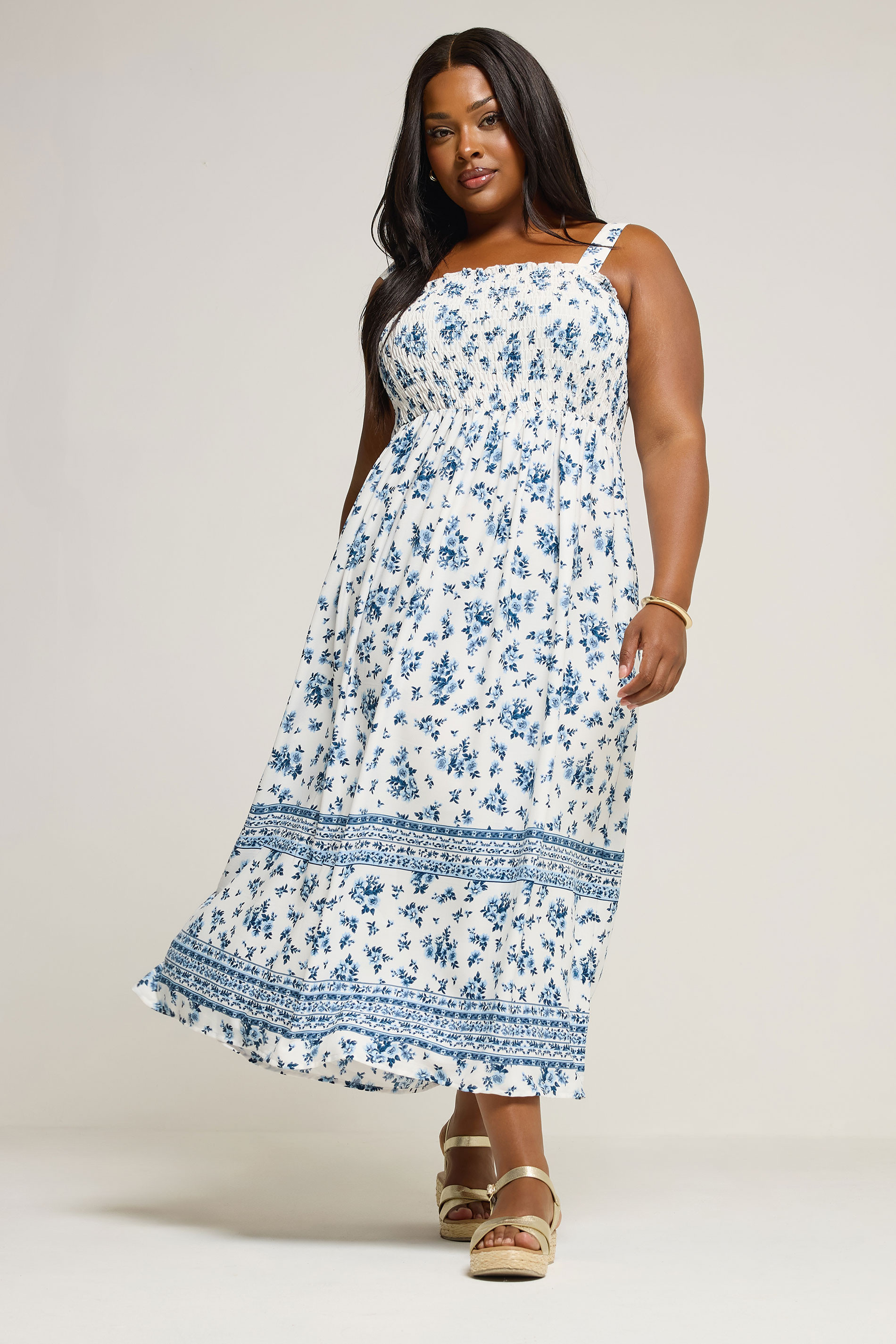 YOURS Plus Size White & Blue Floral Print Maxi Dress | Yours Clothing UK